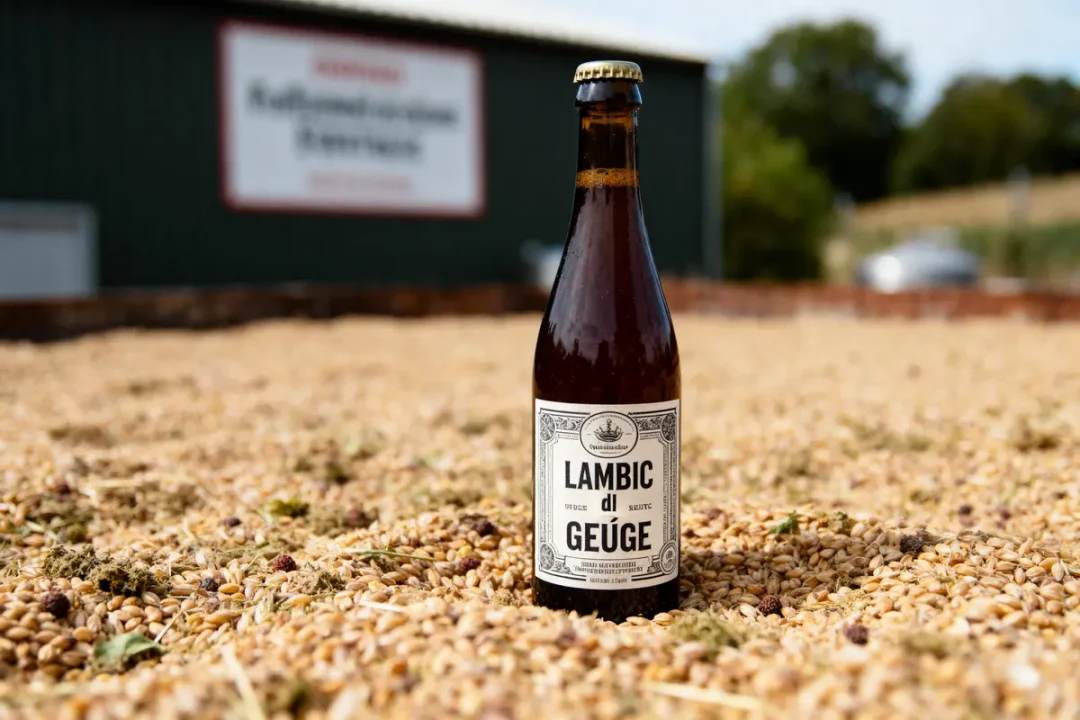 Bouteille de Lambic sur grains, avant-plan focalisé, bâtiment flou à l'arrière, ciel bleu.