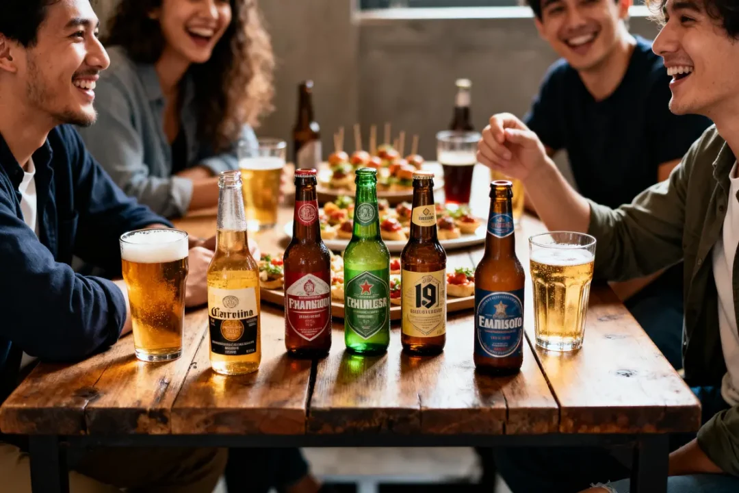 Des amis rient autour d'une table avec des bouteilles de bière et des amuse-gueules.