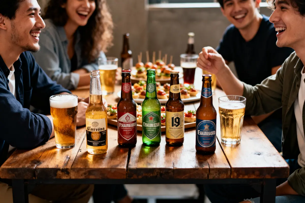 Des amis rient autour d'une table avec des bouteilles de bière et des amuse-gueules.