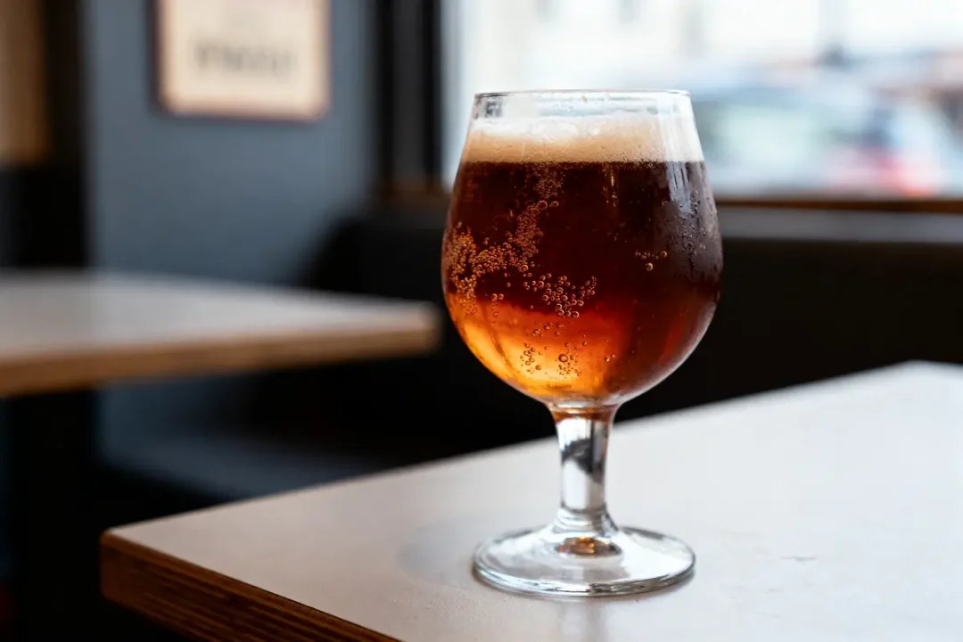 Un verre de bière brune mousseuse posé sur une table en bois dans un café.