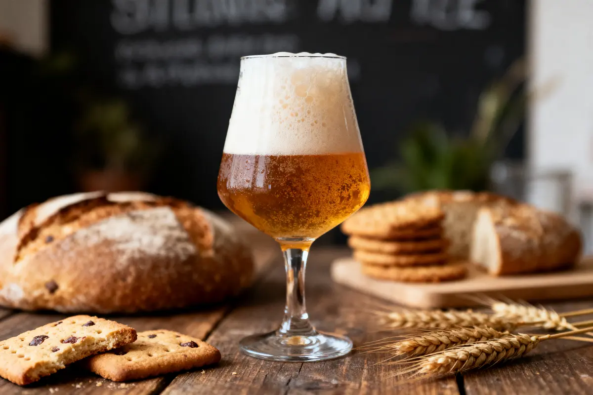 Verre de bière mousseuse sur table en bois, entouré de pain, biscuits, épis de blé.