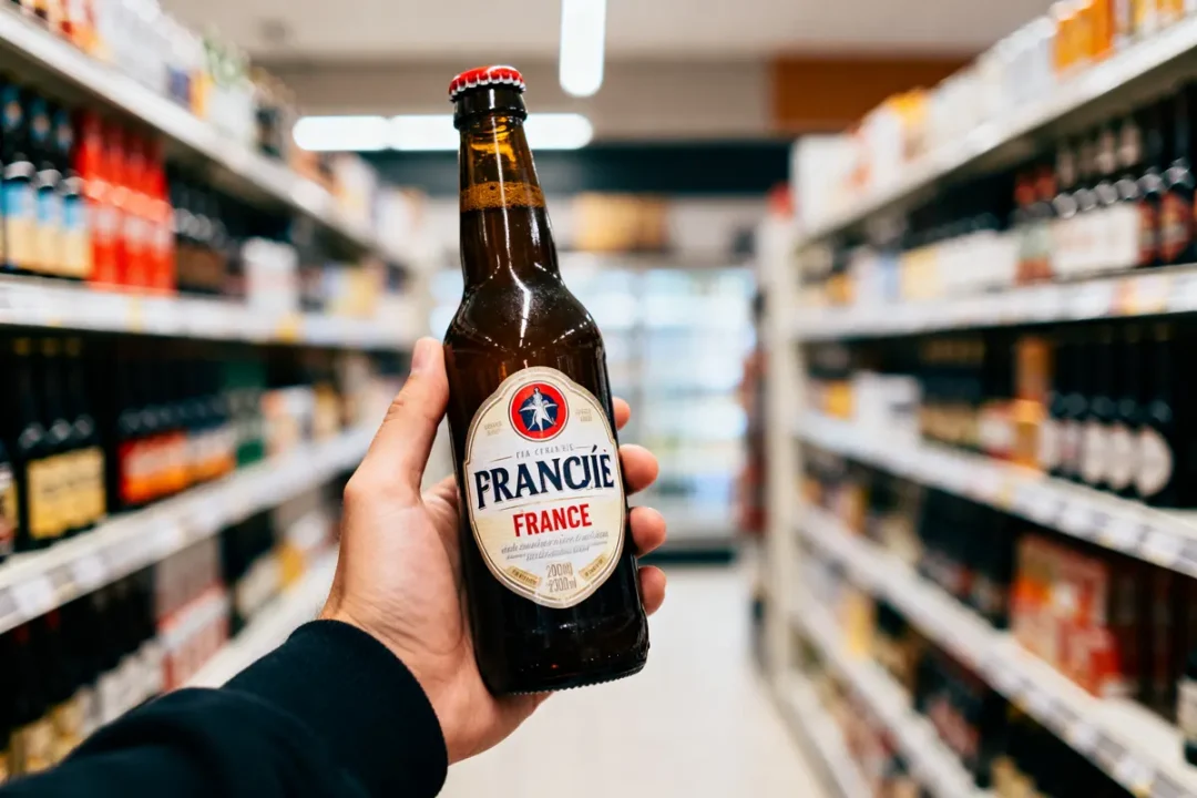 Une main tient une bouteille de bière dans une allée de supermarché avec rayons flous.