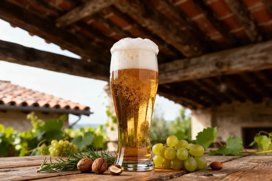 Verre de bière mousseuse sur table en bois avec raisins, noix et branche de romarin, environnement rustique.