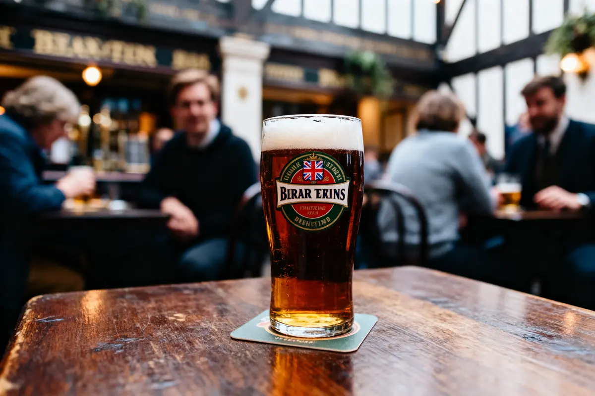 Verre de bière anglaise sur table en bois dans un pub, ambiance conviviale en arrière-plan flouté.
