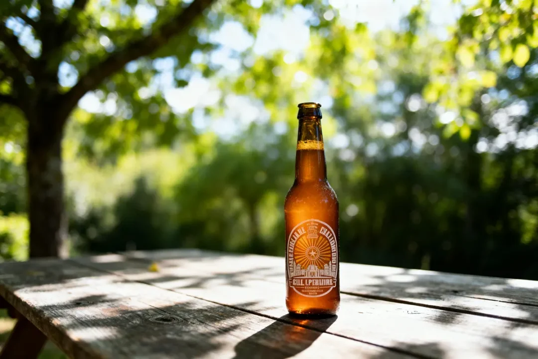 Bouteille de bière sur table en bois, éclairée par soleil, fond flou de verdure estivale.
