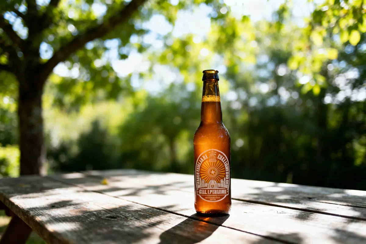 Bouteille de bière sur table en bois, éclairée par soleil, fond flou de verdure estivale.