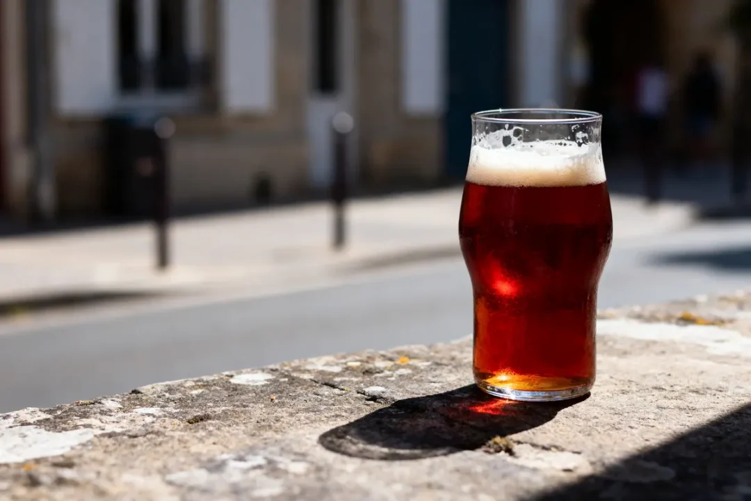 Verre de bière ambrée sur mur en pierre, rue floue en arrière-plan, éclairage naturel.