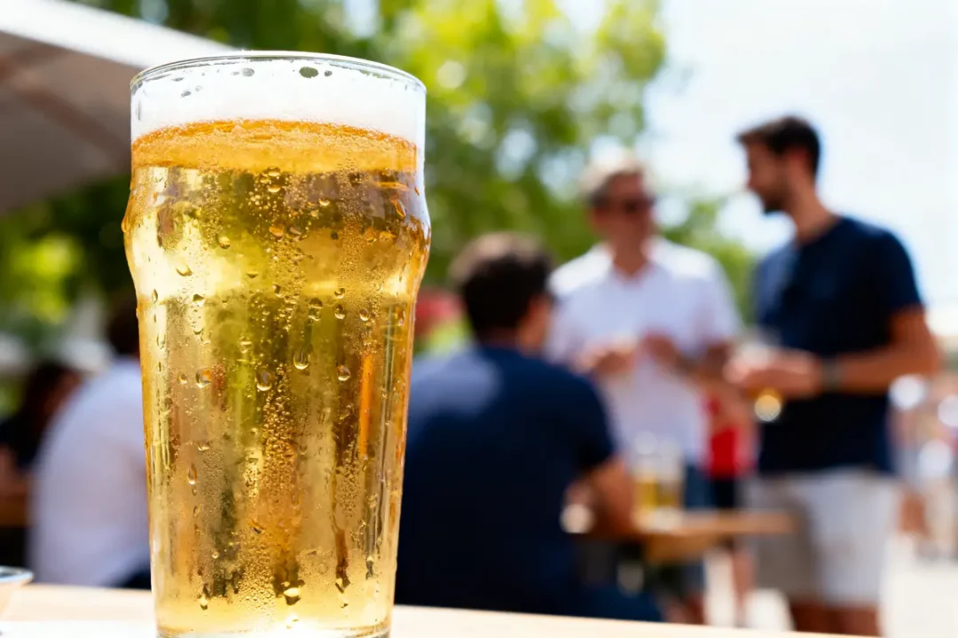 Verre de bière blonde rafraîchissante avec arrière-plan flou de personnes en extérieur, ambiance conviviale.