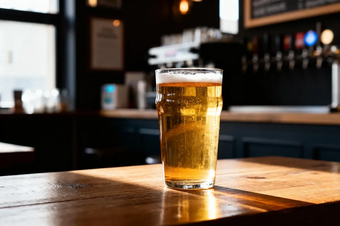 Verre de bière fraîche sur table en bois, intérieur de bar chaleureux, lumière naturelle.