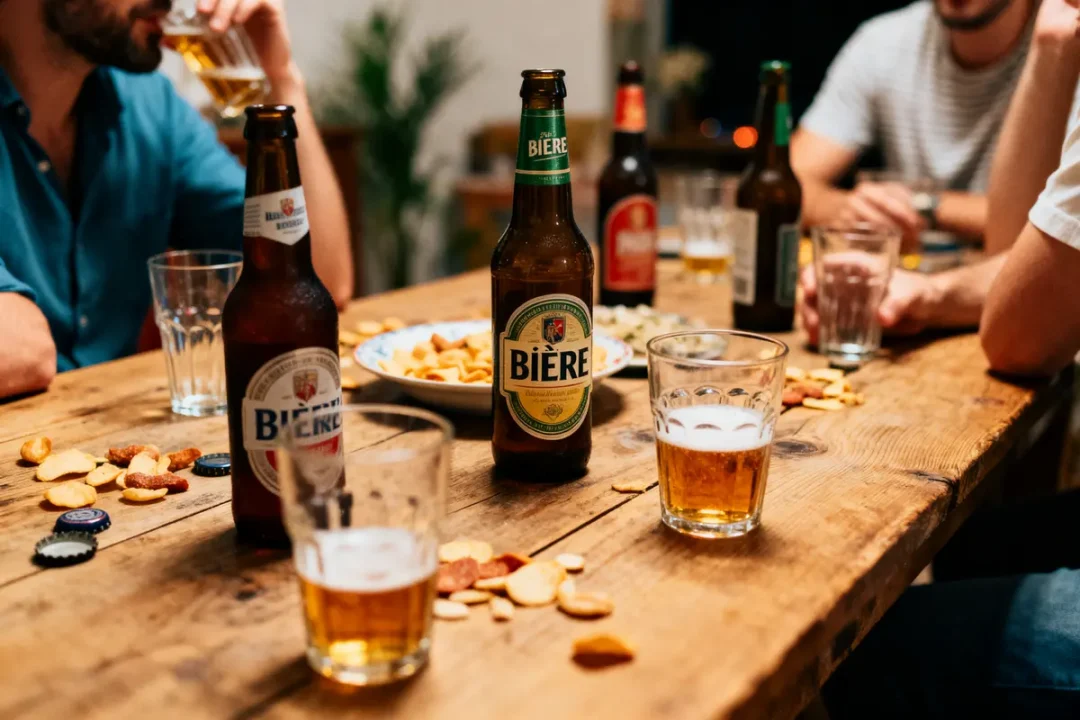 Des bouteilles de bière et des verres sur une table en bois, entourés d'amis partageant des snacks.