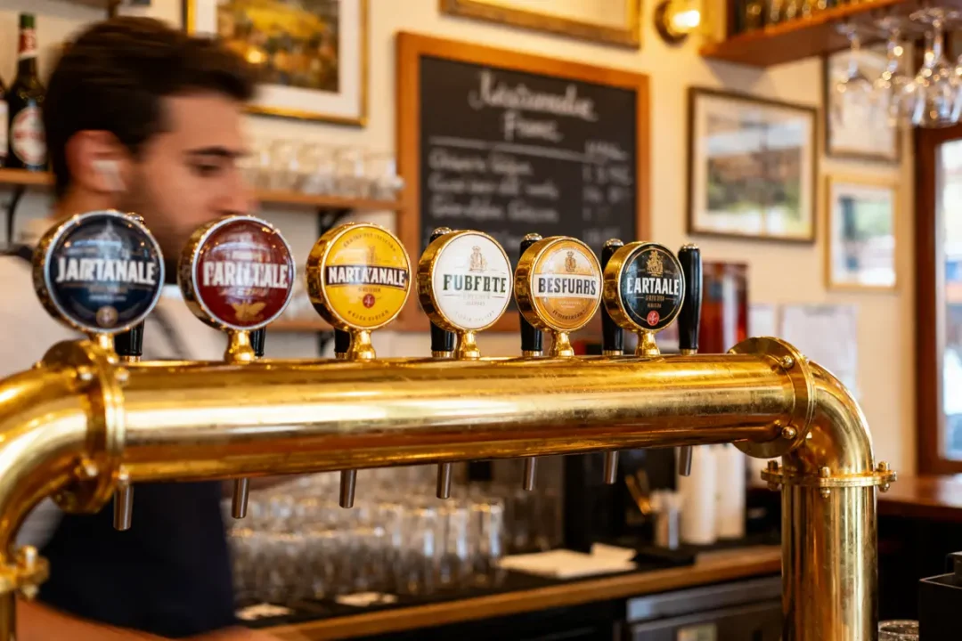 Tireuses à bière dans un bar, six pompes avec étiquettes colorées, barman flou en arrière-plan.