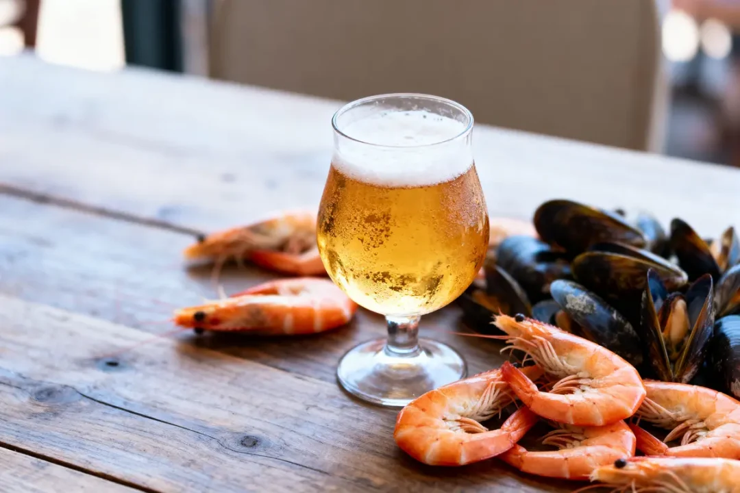 Verre de bière entouré de crevettes et moules sur table en bois.