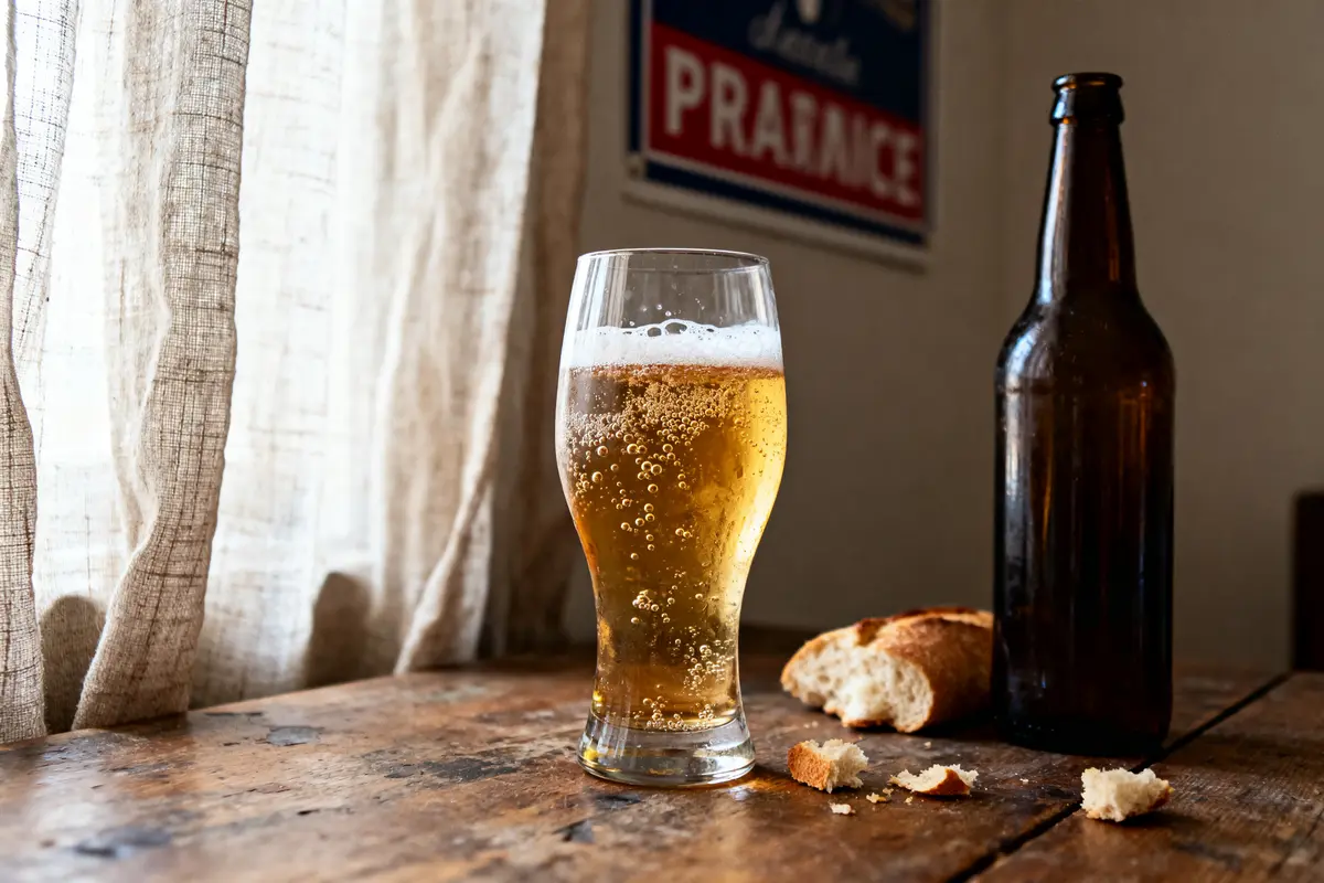 Verre de bière pétillante près d'une bouteille brune et de pain sur une table en bois.