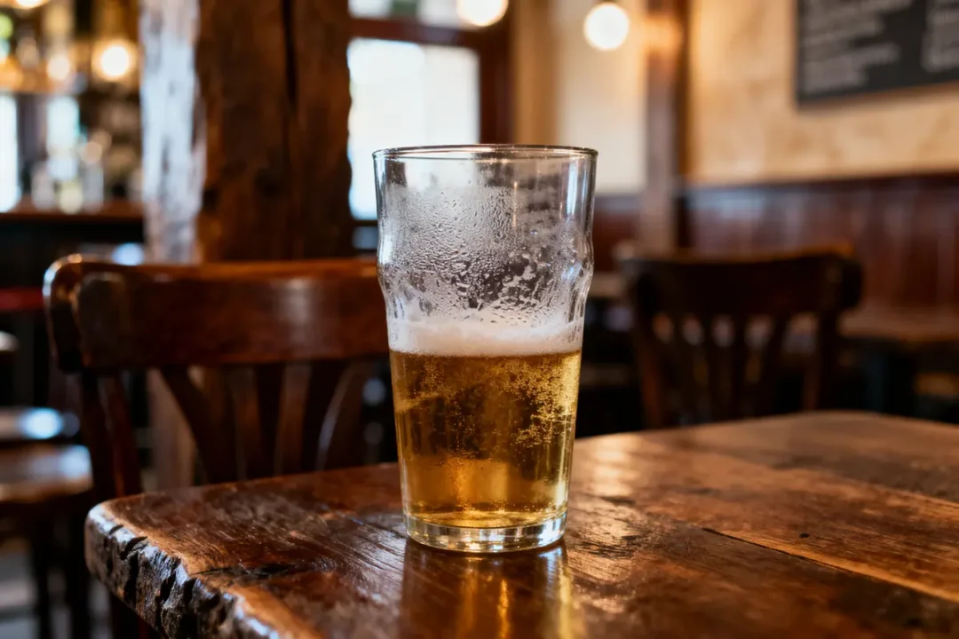 Verre de bière à moitié plein sur une table en bois dans un pub accueillant.