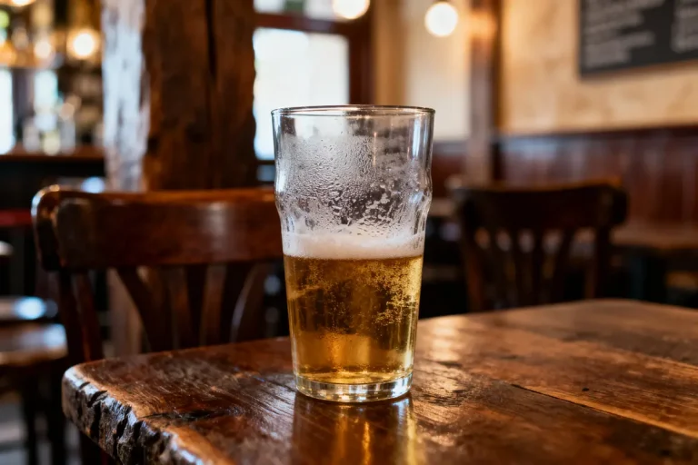 Verre de bière à moitié plein sur une table en bois dans un pub accueillant.