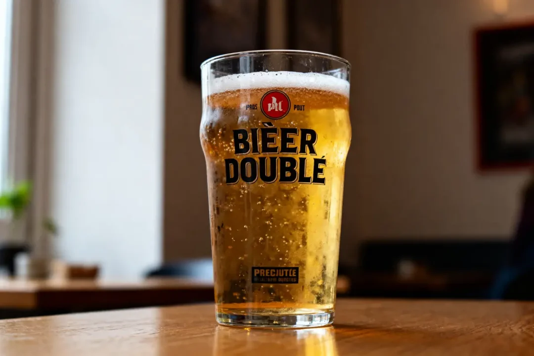 Verre de bière blonde sur table en bois, marqué "Bière Doublé", ambiance café chaleureux.