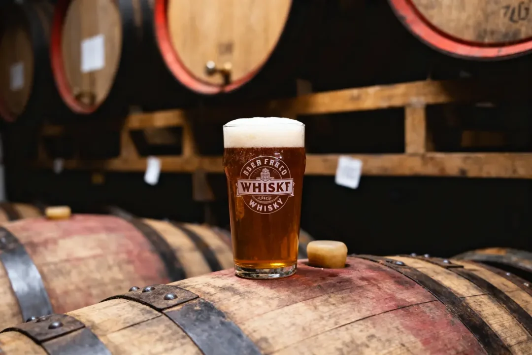 Verre de bière mousseuse sur fût en bois, entouré de tonneaux dans une cave à whisky.