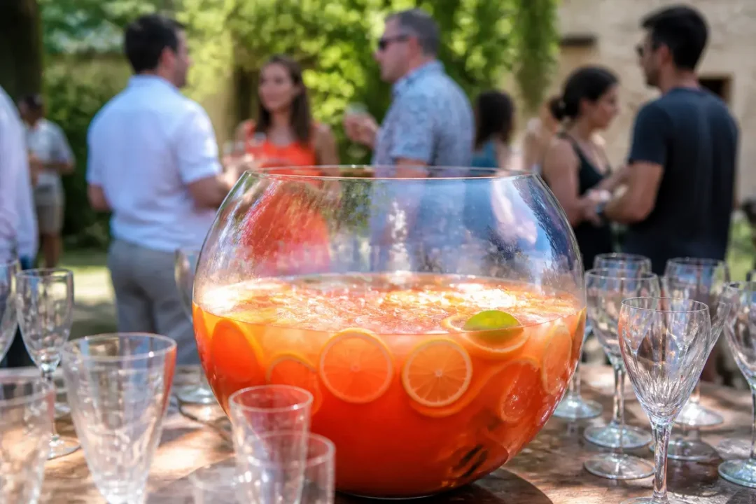 Grand bol de punch aux agrumes sur table, lors d'une fête en extérieur avec invités en arrière-plan.