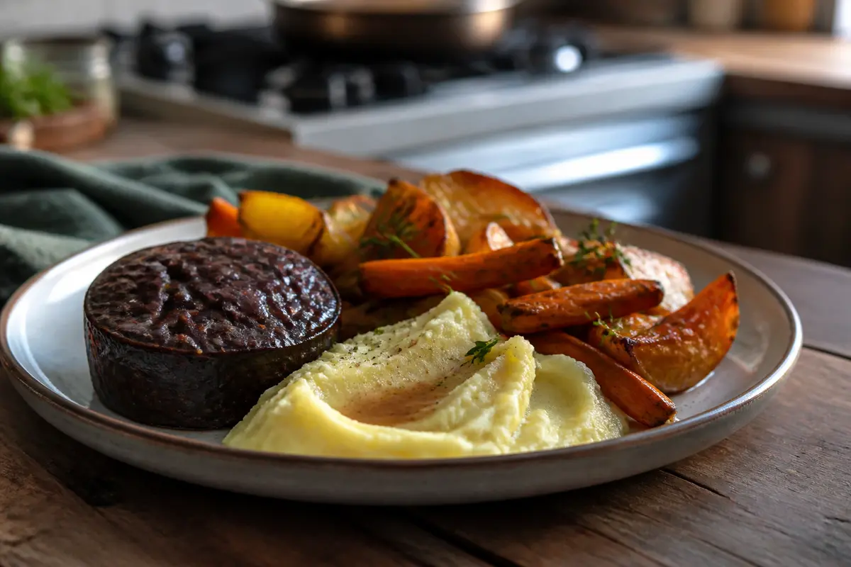 Assiette de boudin noir, purée de pomme de terre et légumes rôtis sur table en bois.