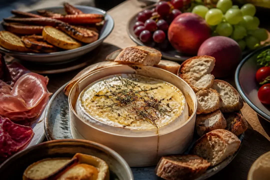 Plateau avec fromage fondu, pain grillé, charcuterie, légumes rôtis, fruits frais et herbes aromatiques.