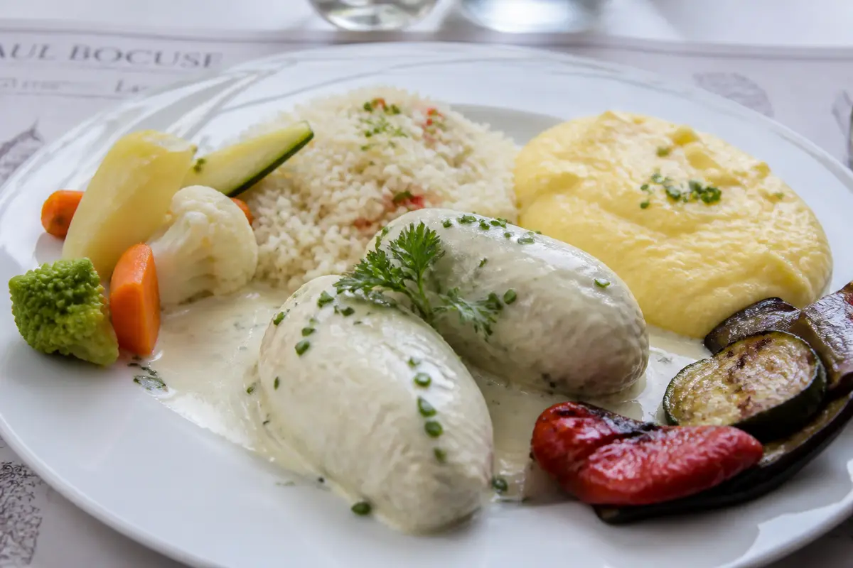 Assiette gastronomique avec quenelles, légumes variés, polenta et riz, garnie de sauce blanche, servie élégamment.