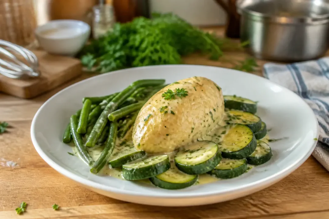 Assiette de poulet sauce crème, accompagnée de haricots verts et rondelles de courgettes, sur une table en bois.