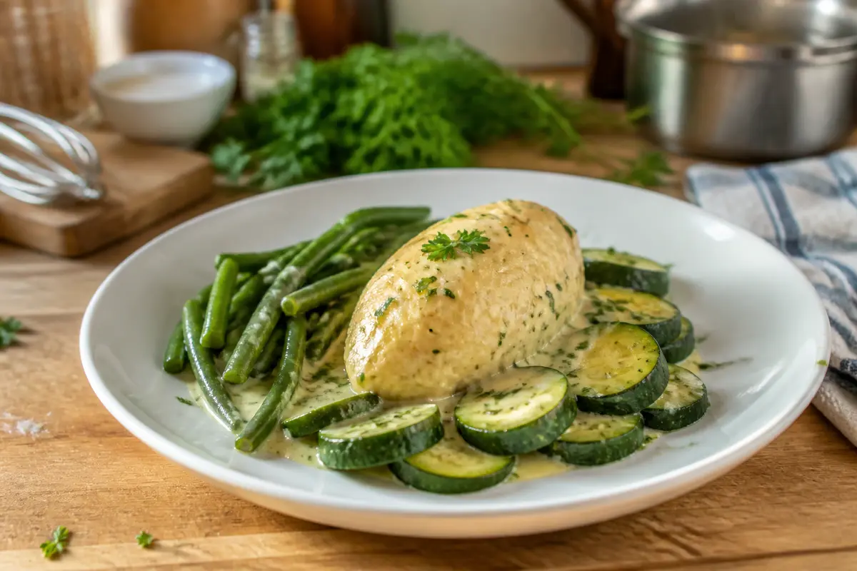 Assiette de poulet sauce crème, accompagnée de haricots verts et rondelles de courgettes, sur une table en bois.