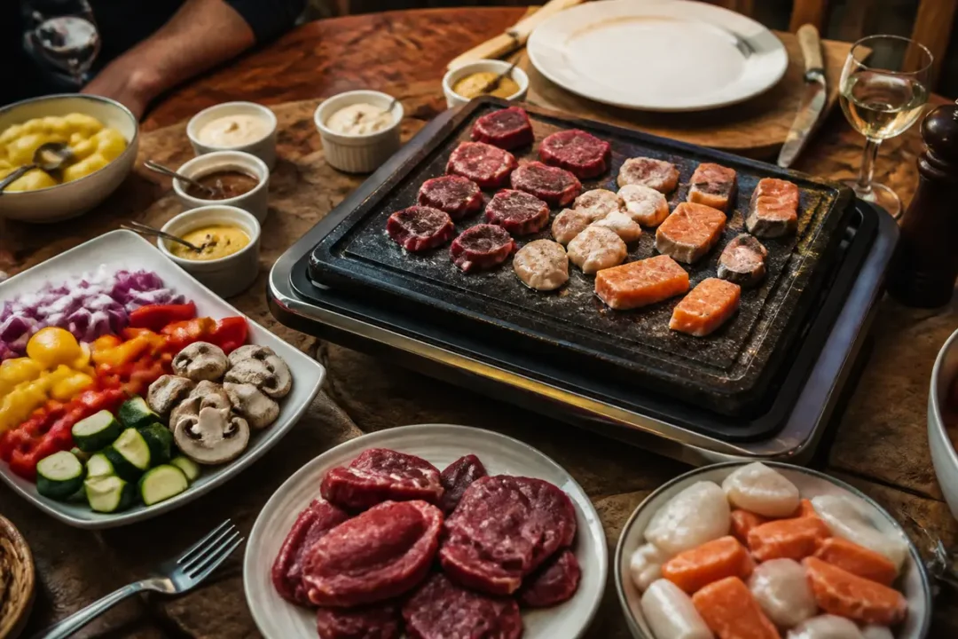 Assiette conviviale avec viandes, saumon, légumes colorés et sauces sur une pierre à griller chaude.