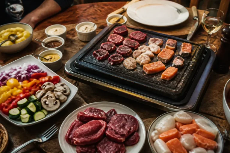 Assiette conviviale avec viandes, saumon, légumes colorés et sauces sur une pierre à griller chaude.