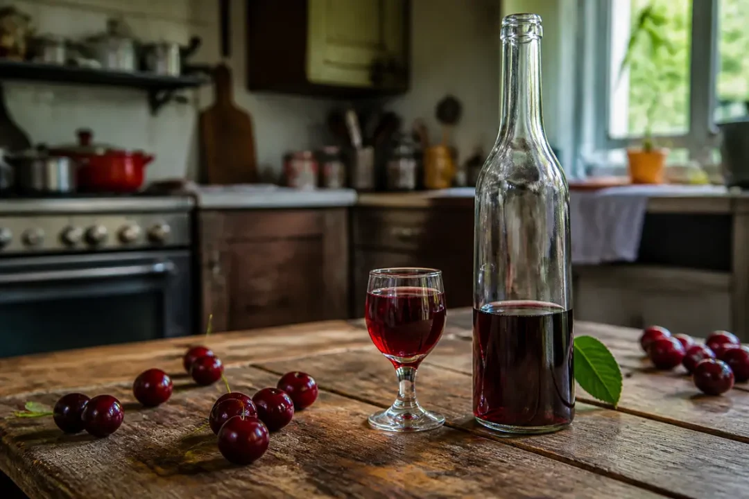 Bouteille de vin rouge et verre sur table rustique avec cerises dans une cuisine chaleureuse et lumineuse.