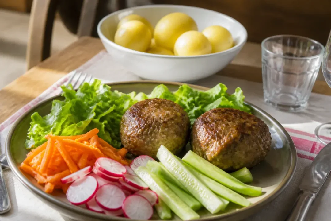 Assiette avec boulettes, laitue, concombres, carottes, radis; bol de pommes de terre au fond.