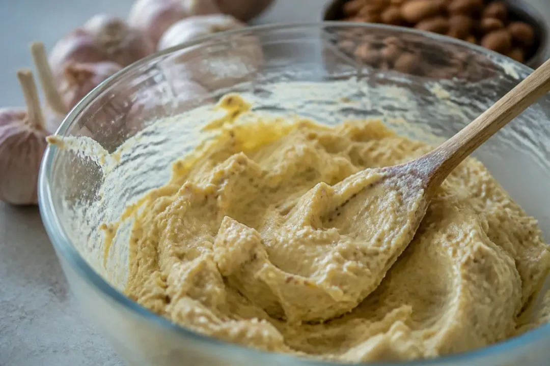 Bol de houmous crémeux avec cuillère en bois, ail et amandes en arrière-plan.