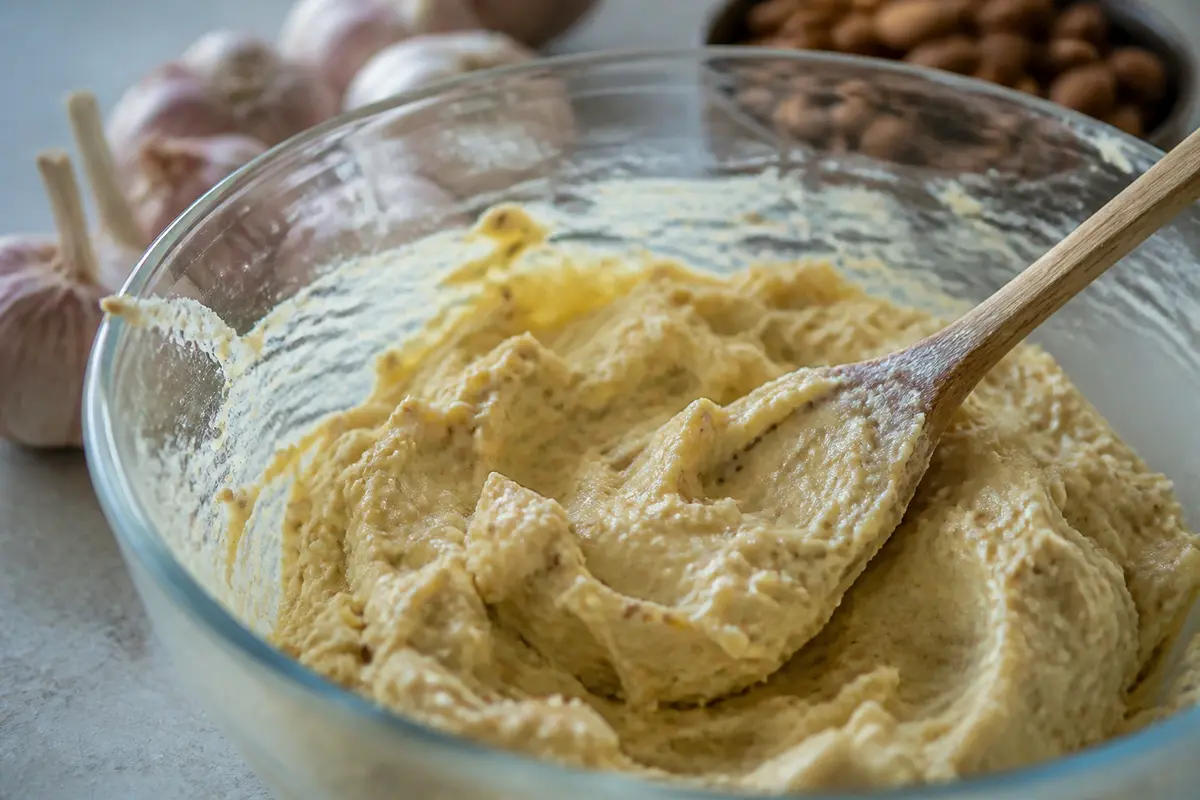 Bol de houmous crémeux avec cuillère en bois, ail et amandes en arrière-plan.
