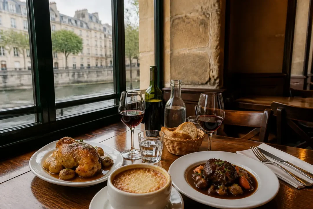 Repas gastronomique avec vue sur la Seine, vin rouge, plats variés et pain, dans un restaurant parisien élégant.