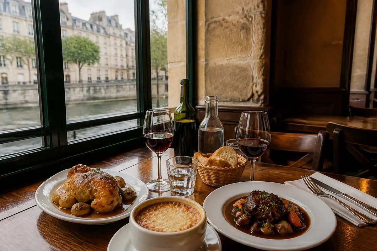 Repas gastronomique avec vue sur la Seine, vin rouge, plats variés et pain, dans un restaurant parisien élégant.