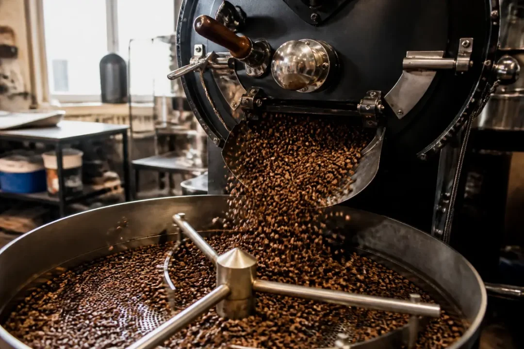 Machine à torréfier le café déversant des grains fraîchement torréfiés dans un récipient en métal.