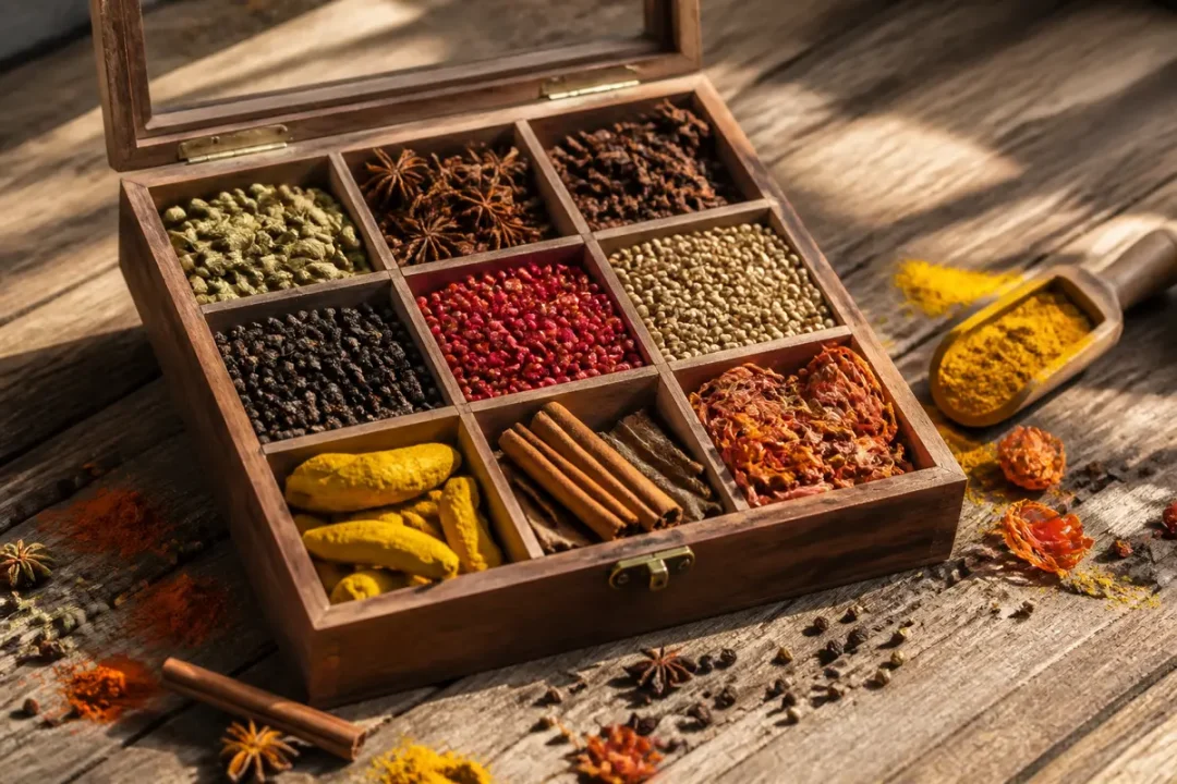 Coffret en bois avec neuf sections d'épices variées, posées sur table en bois, lumière naturelle.