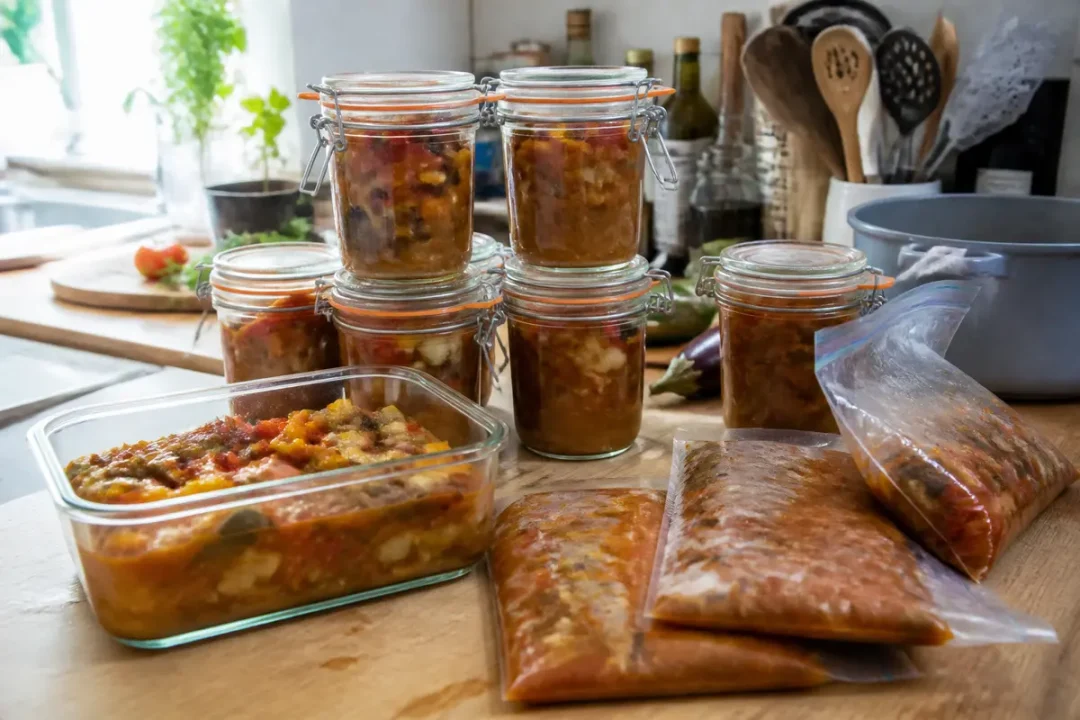 Pots et sacs de ratatouille faits maison sur le plan de travail d'une cuisine ensoleillée.