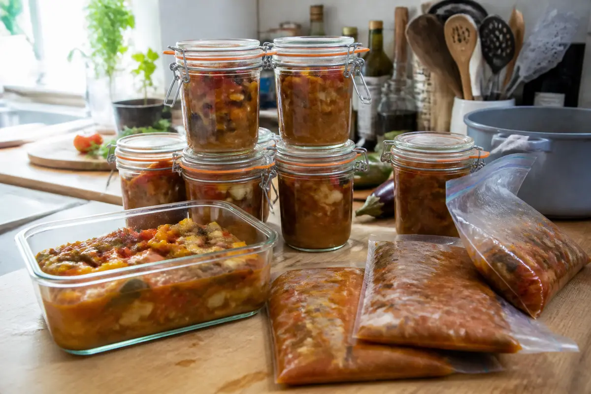 Pots et sacs de ratatouille faits maison sur le plan de travail d'une cuisine ensoleillée.