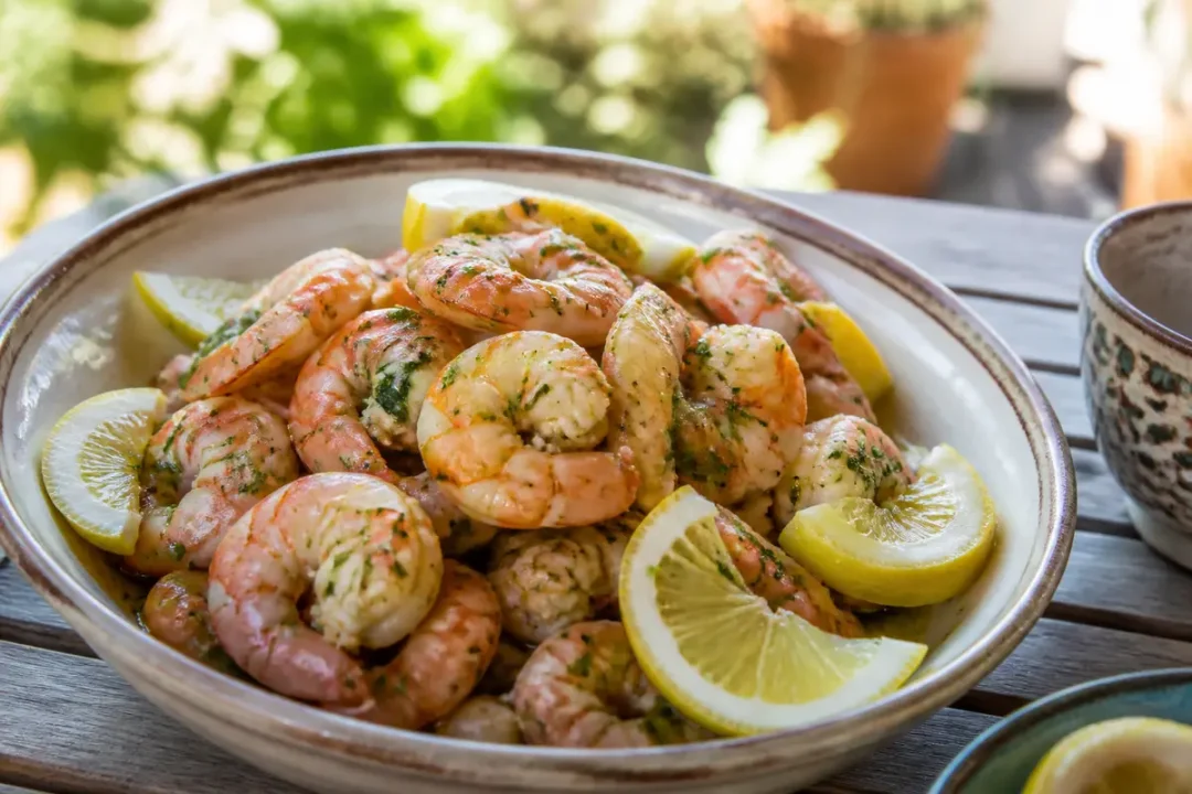 Assiette de crevettes assaisonnées avec rondelles de citron, posée sur une table en bois.