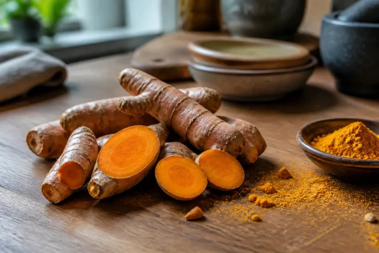 Tranches et poudre de curcuma sur table en bois, éclairage naturel, ambiance chaleureuse.
