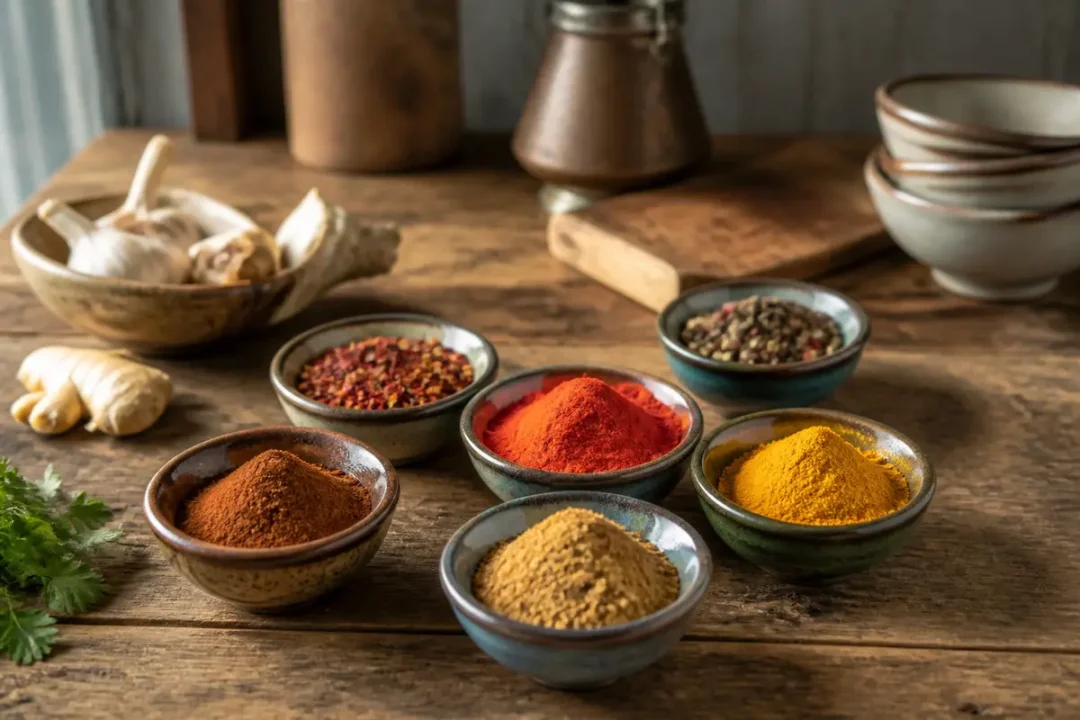 Assortiment d'épices colorées dans des bols en céramique sur une table en bois, avec ail et gingembre.
