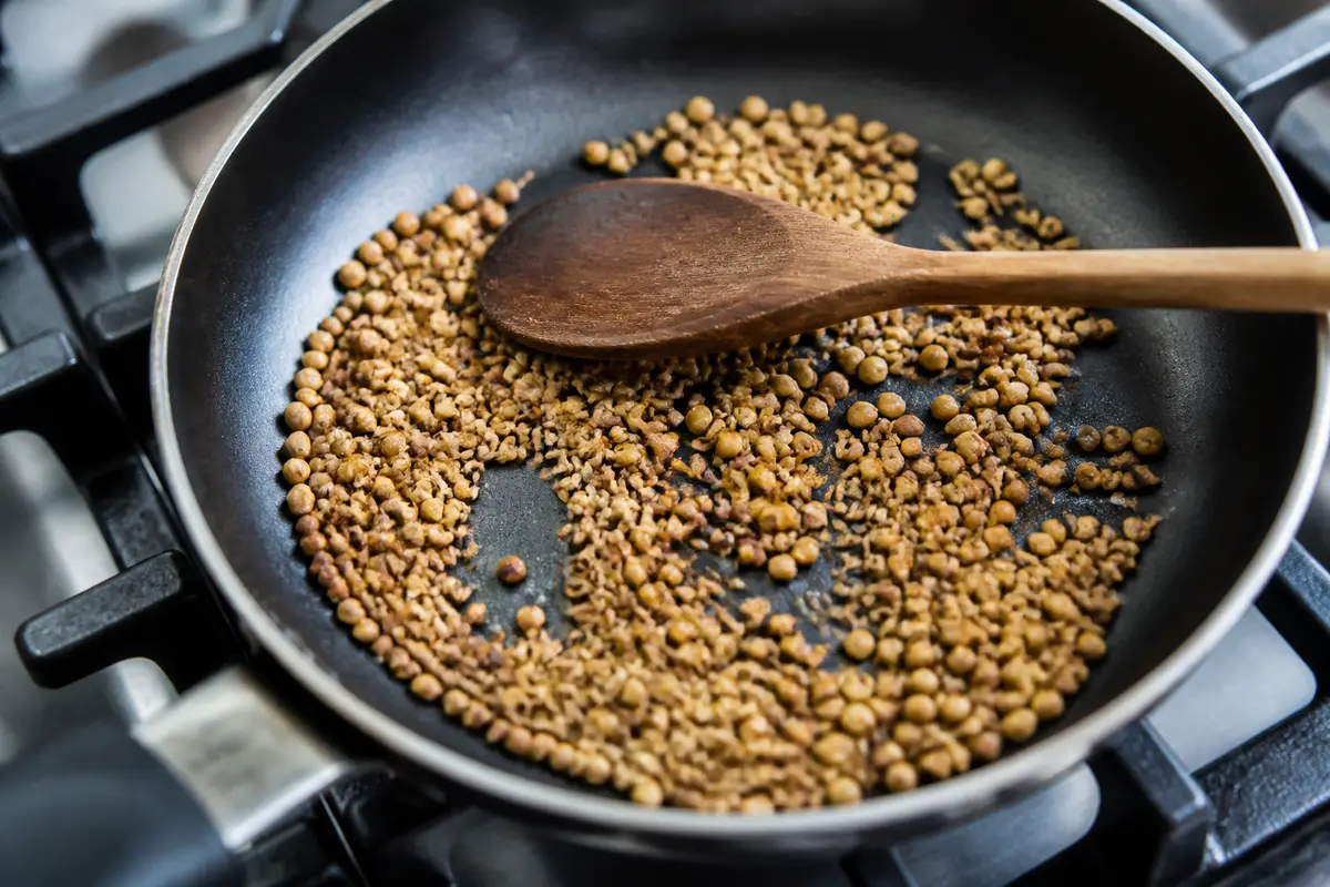 Graines de coriandre grillées dans une poêle avec cuillère en bois sur cuisinière.