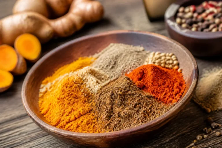 Assortiment de diverses épices colorées en poudre dans un bol en bois sur une table rustique.