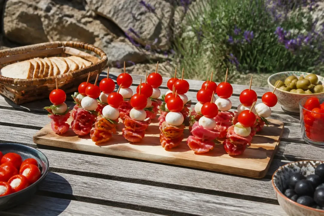 Brochettes apéritives colorées avec tomates, mozzarella, charcuterie sur planche, pain, olives en arrière-plan extérieur.