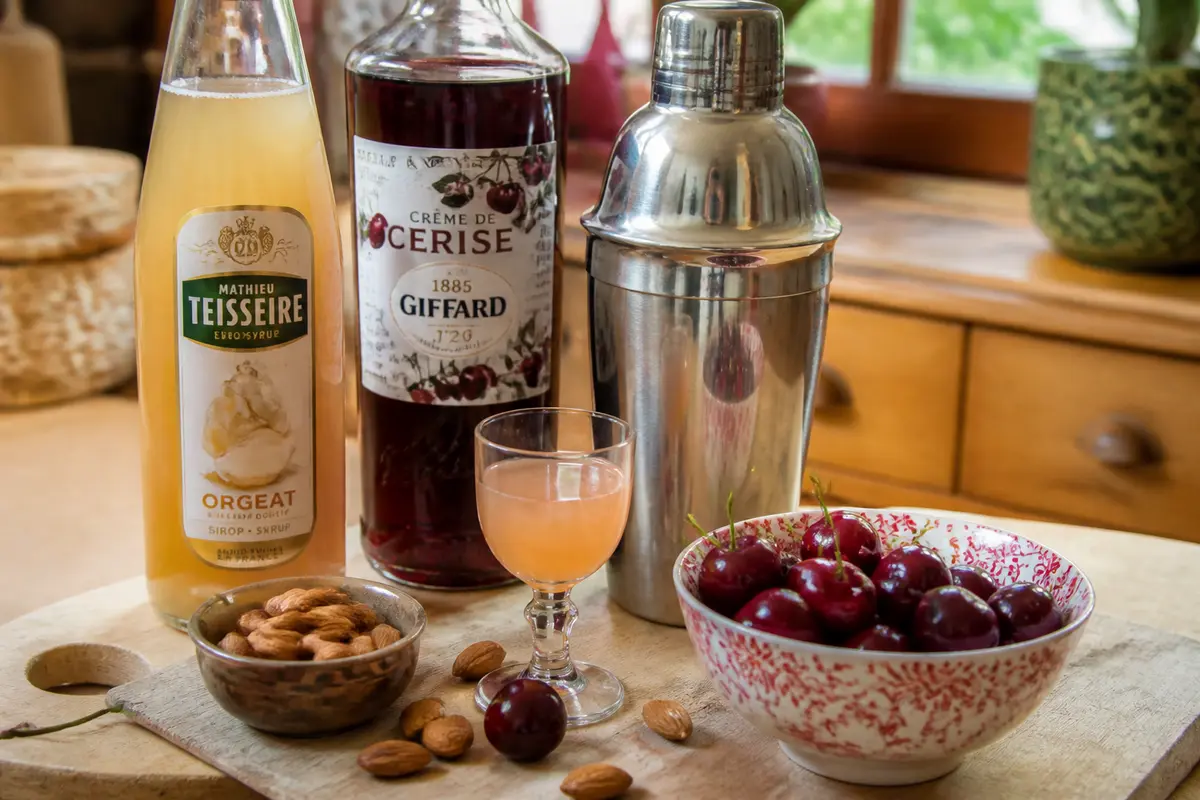 Bouteilles de sirop, crème de cerise, shaker, amandes, cerises, verre à cocktail sur planche en bois.