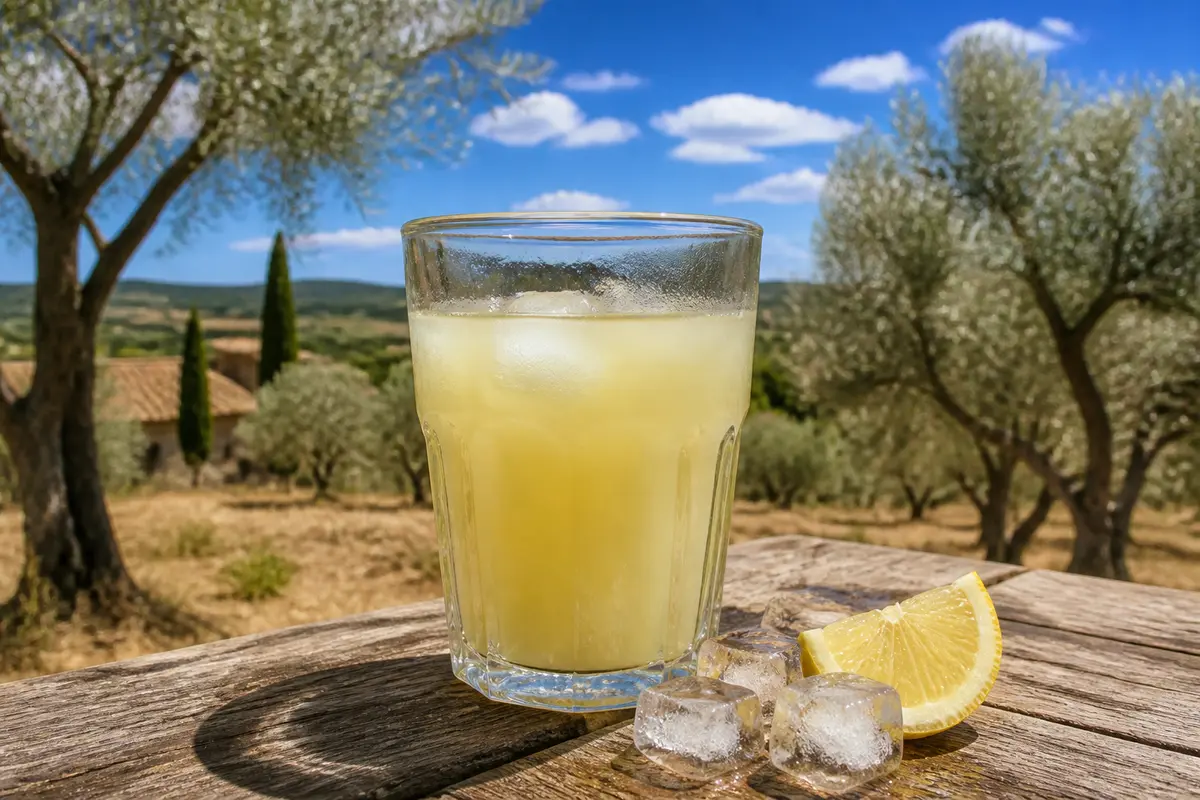Verre de limonade glacée sur table en bois, champs d’oliviers en arrière-plan, ciel bleu ensoleillé.