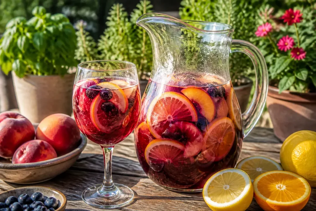 Carafe et verre de sangria avec fruits tranchés, citrons et baies sur une table en bois, jardin en arrière-plan.