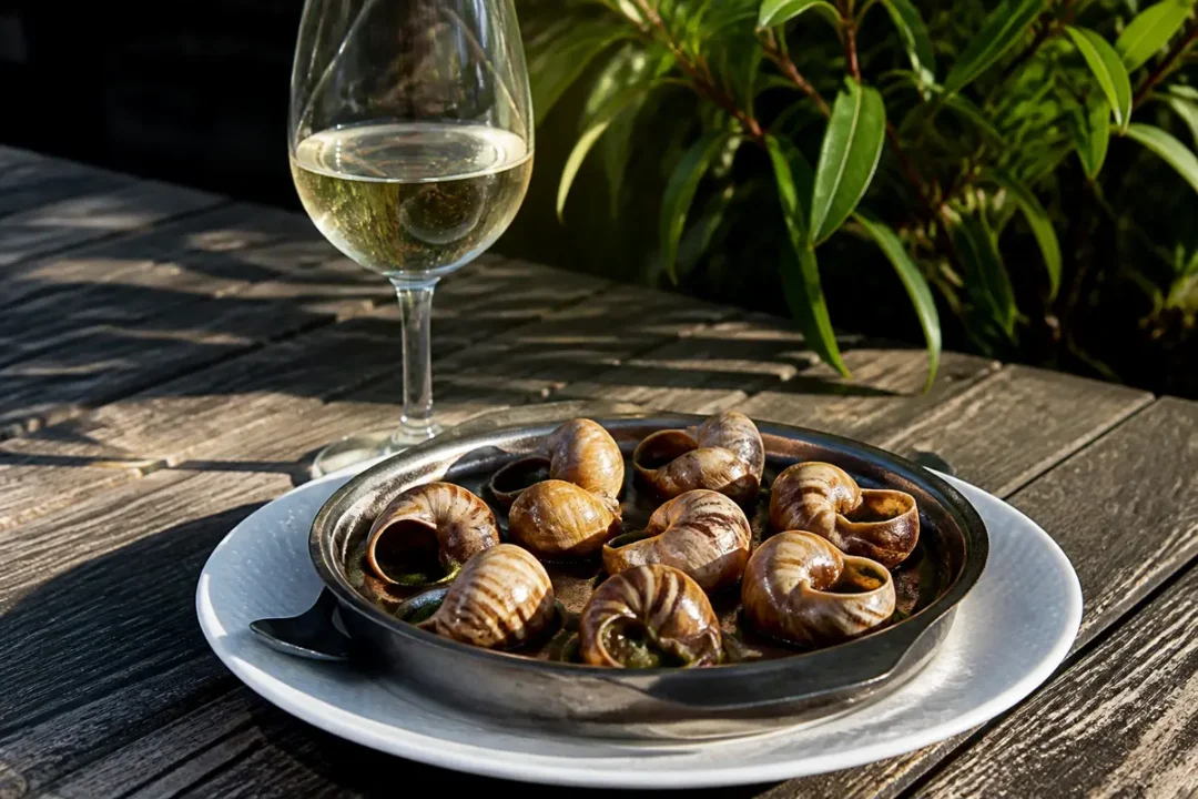 Plat d'escargots avec un verre de vin blanc sur une table en bois, feuillage en arrière-plan.