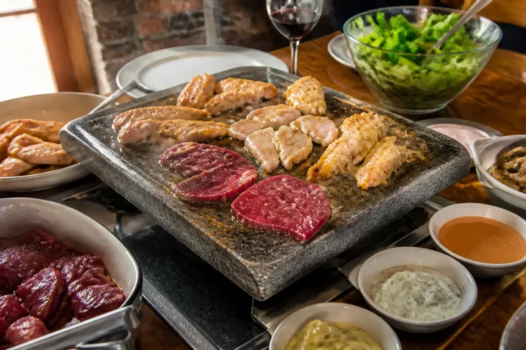 Plancha avec viande variée cuisant, accompagnée de sauces et salade verte dans un cadre intérieur chaleureux.